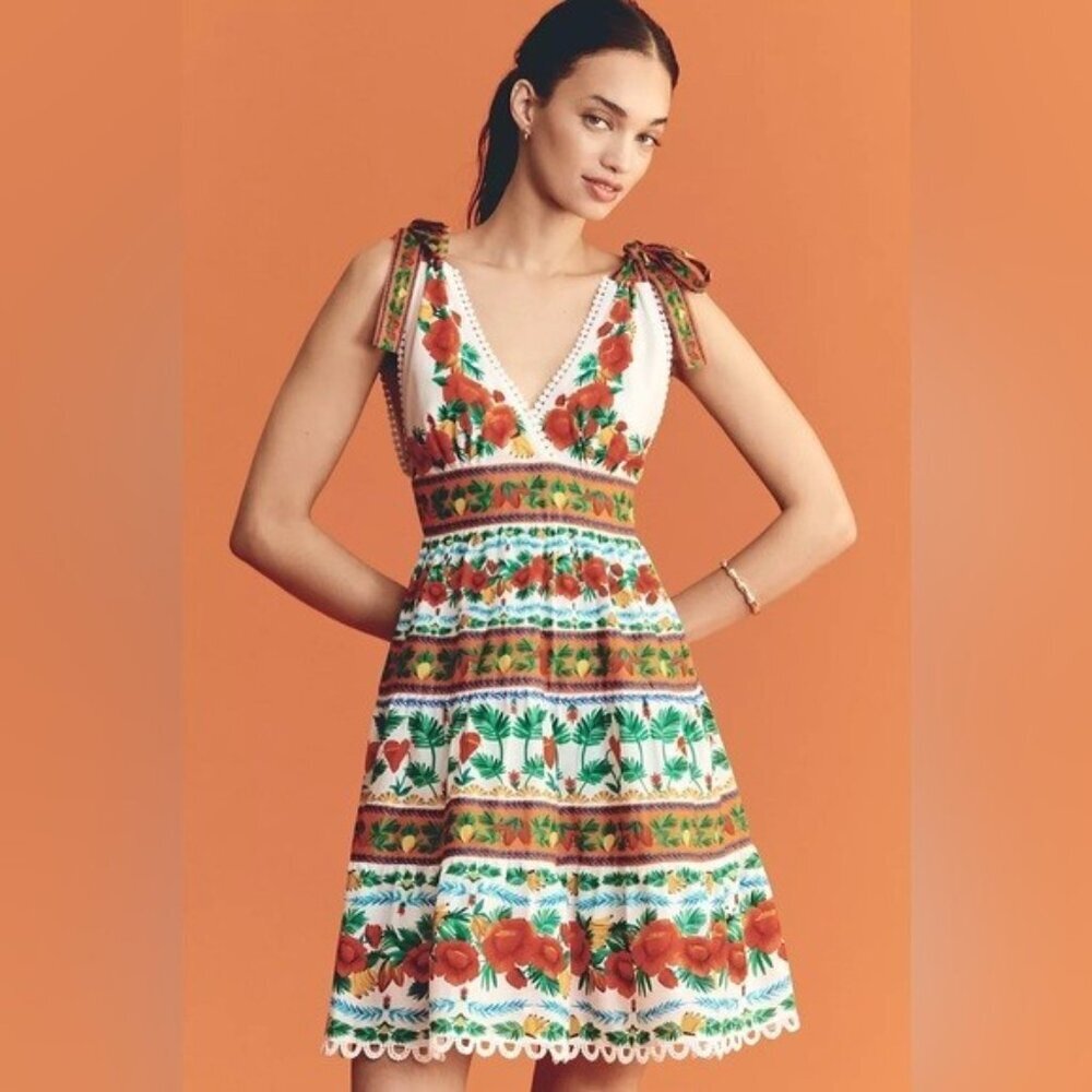 NWT Size L - Farm Rio 100% Cotton Floral Tiered Mini Dress (NWT US$ 198)